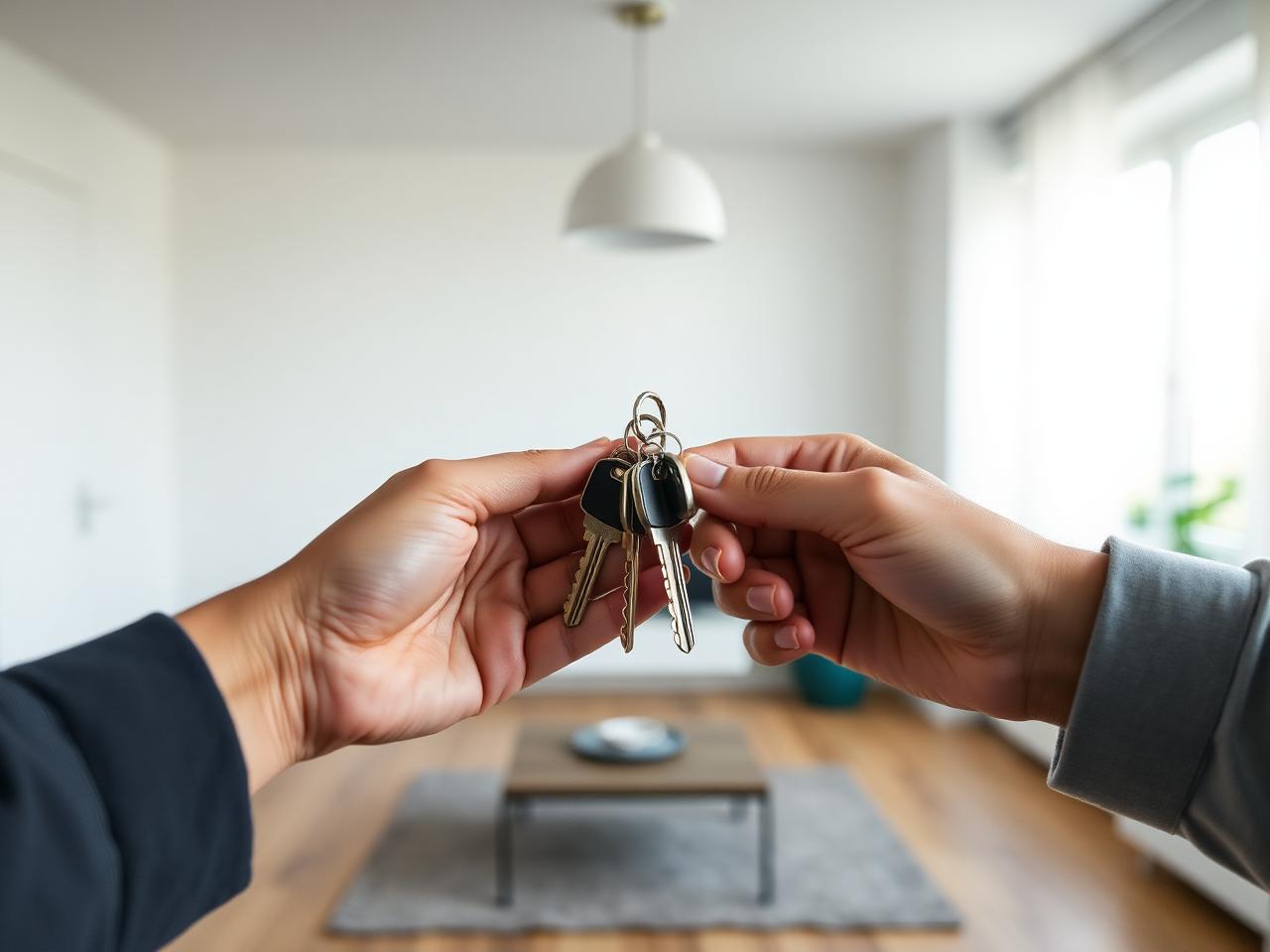 Schlüsselübergabe in einer leeren, hellen Wohnung